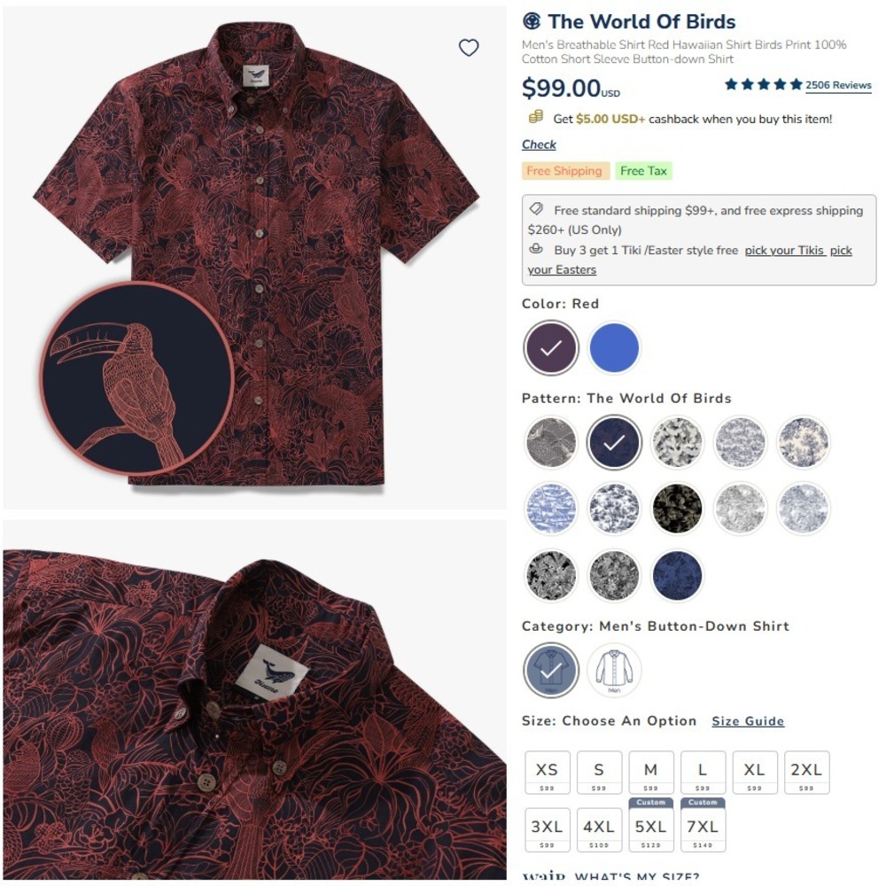 Yiumi Tropical Bird Hawaiian Shirt Mens Large Aloha‎ Breathable Button Tee Red - Picture 2 of 12